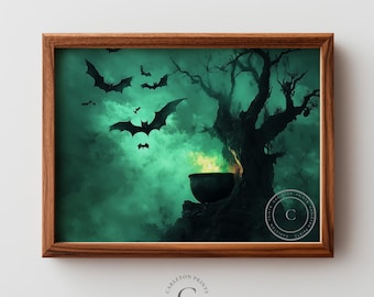 Spooky Bats and Cauldron at Night - Vintage Halloween Art Print, Dark Forest Wall Decor, Haunted Tree Scene, Printable Gothic Art 32