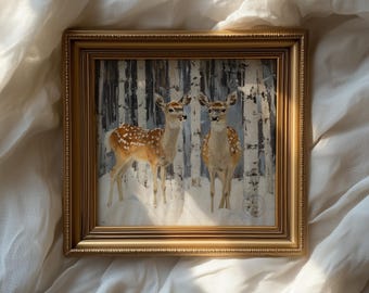 Deer in Winter Forest - Printable Wildlife Art, Vintage Woodland Scene, Digital Wall Art, 76