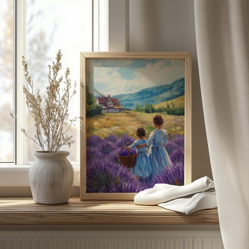 Girls in Lavender Field Art, Cottagecore Pastoral Landscape Print ...