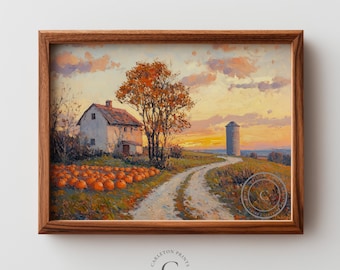 Rustieke herfst boerderij in pompoen patch scène afdrukbare herfst land landschap vintage muur kunst decor digitale download schilderij 18