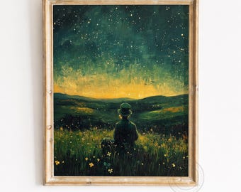 May include: A framed art print depicts a person in a green hat and coat, seated in a field of wildflowers, gazing at a starry night sky. The artwork features a color palette of greens, yellows, and blues, with a vintage aesthetic. The print is in a wooden frame.