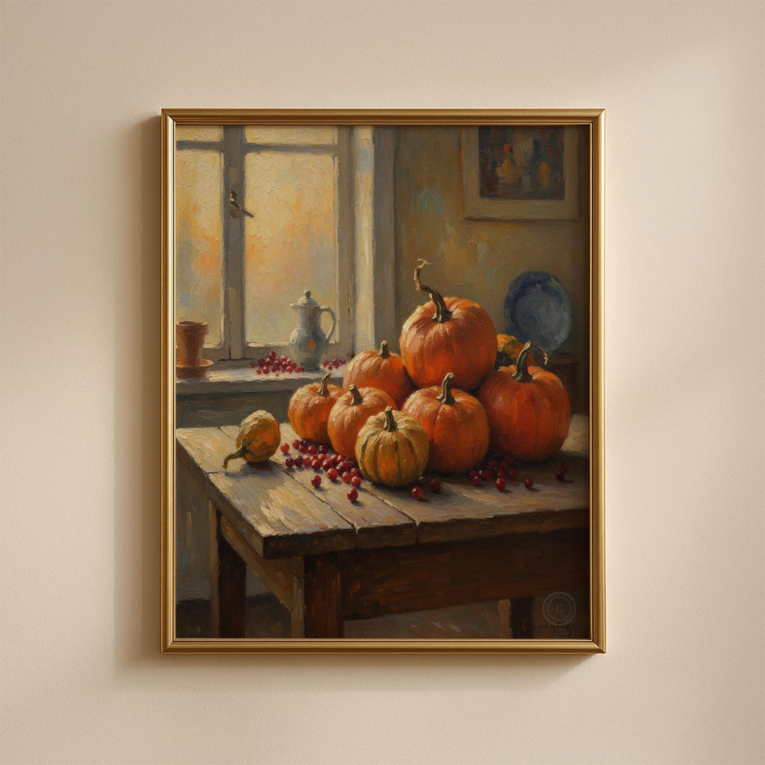Cozy Rustic Pumpkin Still Life Art - Vintage Autumn Decor, Printable ...