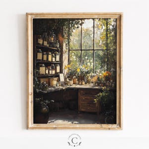 May include: A framed wall art print depicting a sunlit indoor workspace with a large window, wooden shelves filled with glass apothecary jars, a wooden desk with drawers, and various potted plants and flowers arranged near the window pane.