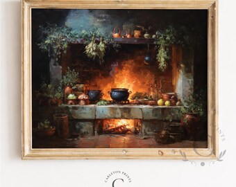 Décoration murale rustique d'automne - Scène de feu de cheminée à imprimer pour Thanksgiving, Décoration de chalet chaleureuse, Récolte d'automne, Affiche vintage 69