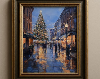 Paisaje urbano navideño festivo con árbol iluminado - Decoración navideña impresionista, Plaza Ghirardelli de San Francisco, Arte urbano imprimible 166