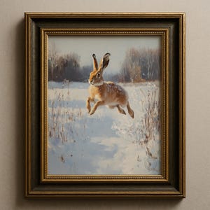 Puede incluir: Obra de arte enmarcada que representa una liebre marrón saltando sobre un campo nevado. La pintura presenta un paisaje invernal con árboles al fondo. El marco es oscuro con detalles dorados, realzando el estilo clásico de la obra.