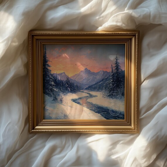冬の風景画 - 夕暮れ時の凍った川、雪山、コテージコアウォールアート 