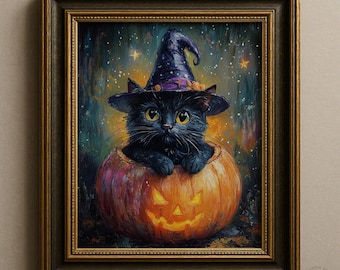 Halloween Black Cat in Witch Hat - Printable Spooky Decor, Pumpkin Cat Art, Halloween Wall Art, Vintage-Inspired Digital Artwork 119