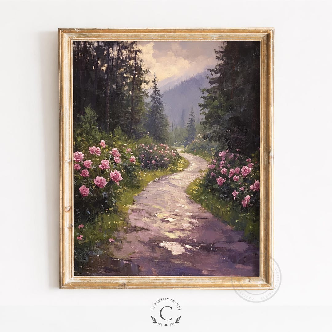 Romantic Country Lane With Pink Roses Painting - Cottagecore Landscape ...