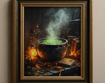 Moody Witch's Cauldron Art Print - Spooky Halloween Decor, Dark Cottagecore Wall Art, Printable Bubbling Potion Scene, Rustic Magic 120