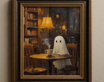 May include: A framed oil painting depicting a white ghost figure with two black eyes sitting at a round wooden table in a dimly lit room. A steaming white mug sits on the table, illuminated by a warm yellow lamp hanging above a bookshelf.