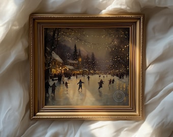 May include: A framed painting depicting a winter ice skating scene. The artwork features figures skating on a frozen pond, with buildings and trees in the background. The frame is gold-colored, and the overall aesthetic is warm and inviting.