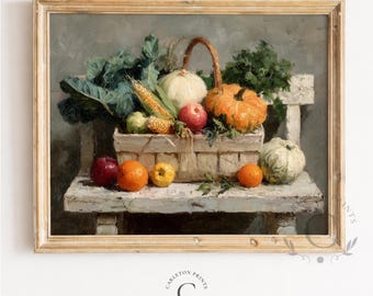 Rustic Autumn Harvest Basket Painting - Vintage Fall Produce Scene, Squash and Apples, Farmhouse Kitchen Decor, Printable Wall Art 62