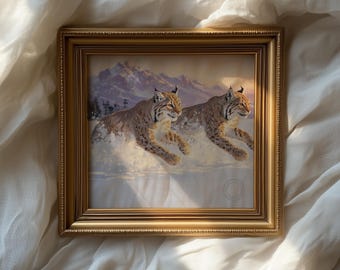 May include: A framed print featuring two lynx running through snow, set against a backdrop of mountains and a pale sky. The frame is gold-colored, and the artwork has a realistic style.