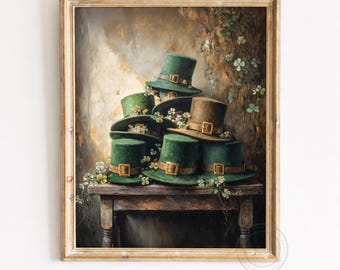 May include: A framed print featuring a still life of several green top hats with gold buckles, arranged on a wooden table. The hats are adorned with small white flowers and set against a muted, painterly background.