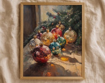 May include: A framed painting depicting Christmas baubles in shades of red, gold, and teal. The baubles are arranged on a wooden surface with a Christmas tree in the background. The painting has a warm, inviting atmosphere.