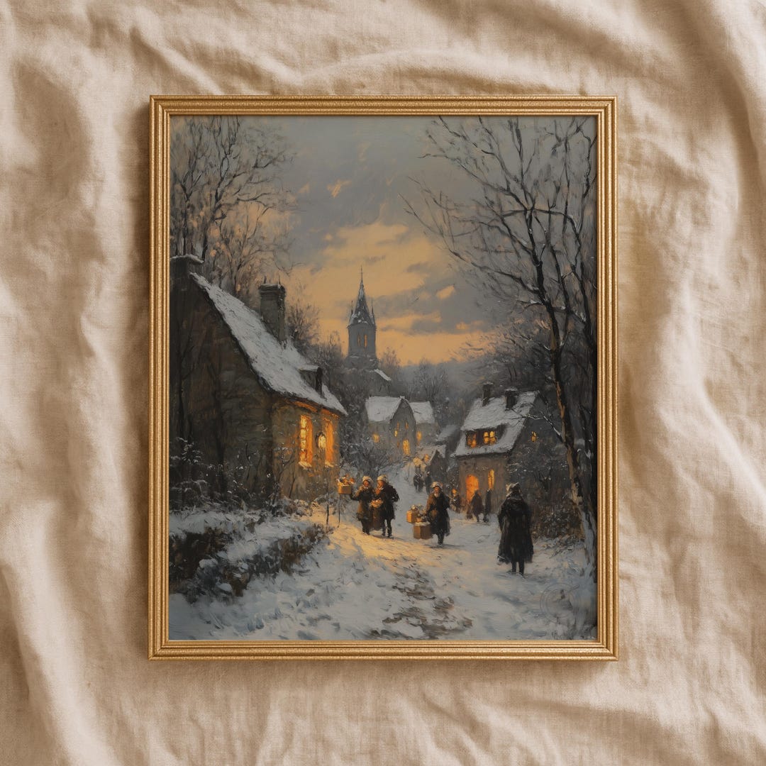 Snow-covered Village Street Painting - Vintage Winter Landscape Art ...