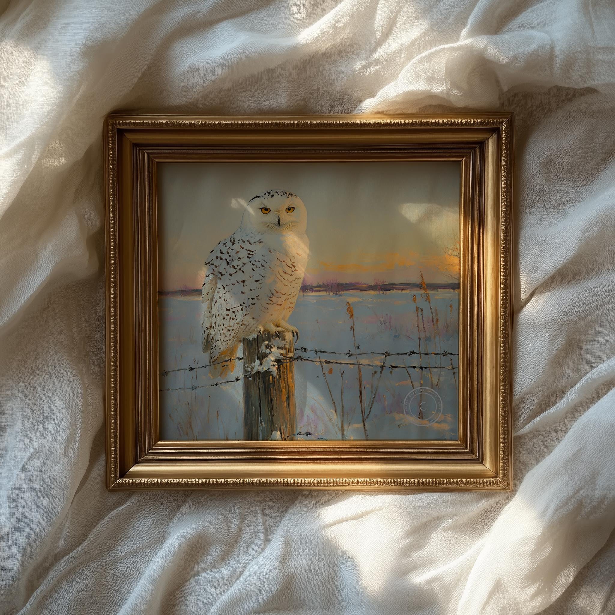 Snowy Owl on Fence - Printable Winter Wildlife Wall Art  Cottagecore Decor, Digital Print 88