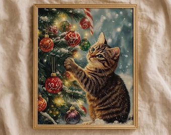 Festive Vintage Tabby Cat with Christmas Ornament - Cute Cozy Holiday Art, Playful Cat by Tree, Printable Wall Decor Digital 143