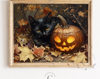 May include: A framed wall art print featuring a black cat with yellow eyes resting next to a glowing jack-o'-lantern pumpkin. The scene is set among fallen autumn leaves in shades of brown, orange, and gold, with thin branches visible.
