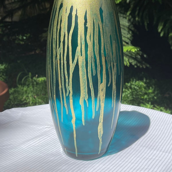 Teal and gold alcohol ink painted glass vase