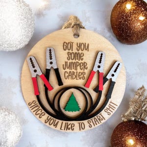 Funny Jumper Cable Christmas Ornament: Hand-Painted Baltic Birch
