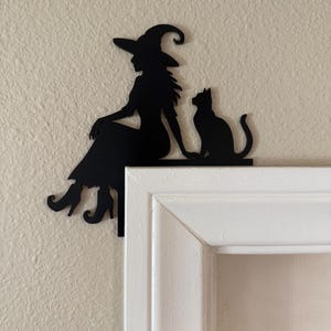 Halloween Witch & Cat Door Topper, Black MDF Trim Decor