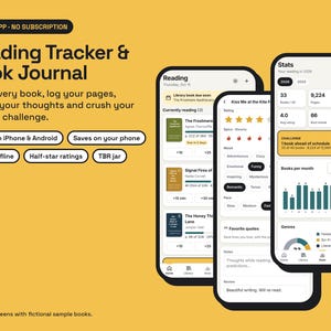 May include: A digital reading tracker and book journal app displayed on three smartphones against a yellow background. The screens show reading statistics, book progress, ratings, and monthly charts. Text includes Reading Tracker & Book Journal.