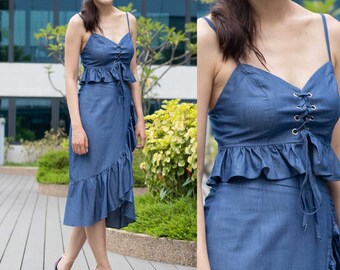 Petite to Regular Women Bequemes weiches blaues jeans strappy Cami Rüschen Öse cropped Top mit Kordelzug
