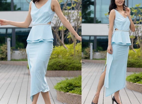 Petite to Regular Women Stud Peplum Waist Baby Blue Midi Dress With Drape  and Cut Out - Etsy