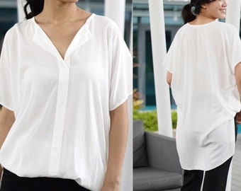 Petite to Regular Women White oversized v-neck silk linen tunic