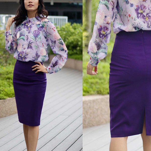 Petite to Regular Women Royal purple lined pockets high waisted pencil work skirt