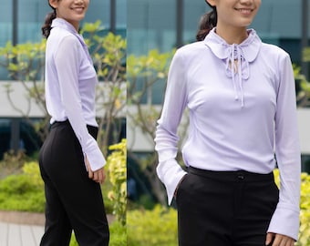 Petite to Regular Women Lilac stretch tie collar long sleeve blouse