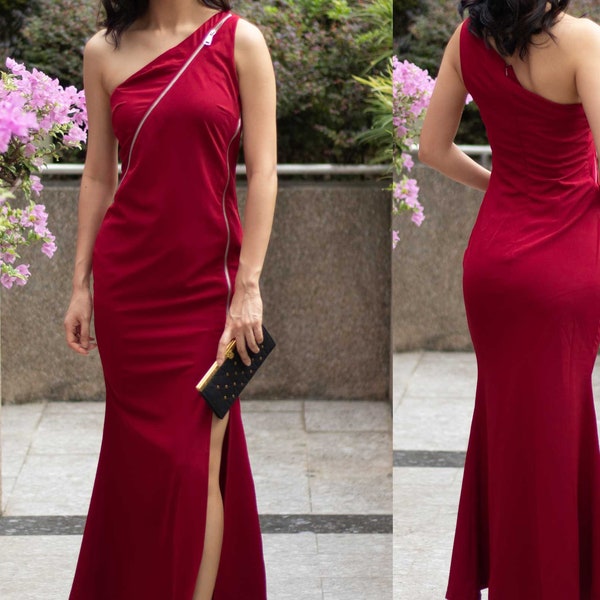 Petite to Regular Women Zip regolabile rosso rubino una spalla casual sera maxi abito da abito