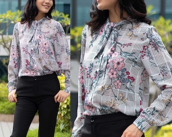 Petite to Regular Women Weiche bequeme florale Skizze Krawattenhals Manschetten Arbeitsshirt Bluse