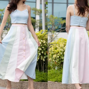 Petite to Regular Women Isla panel pastel baby blue and pink full satin-like circle skirt