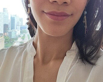 Natural Sugilite 14k gold dainty bead drop dangle earrings with opal