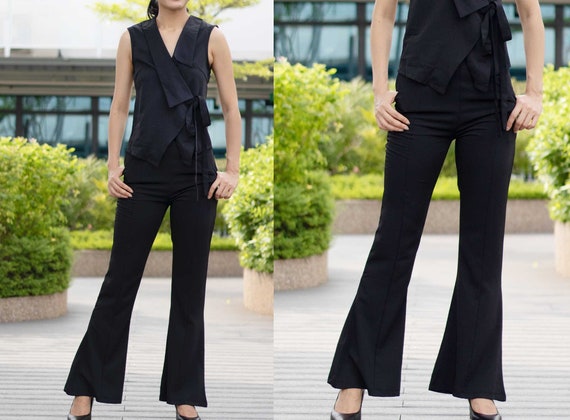 Petite to Regular Women Sara Fitted Flared Classic Soft Black Work Pants 