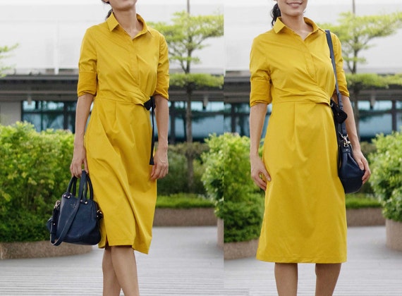 Petite to Regular Women Juy Autumn fall Mustard Yellow Ring Belted Shirt Wax A line Dress Etsy