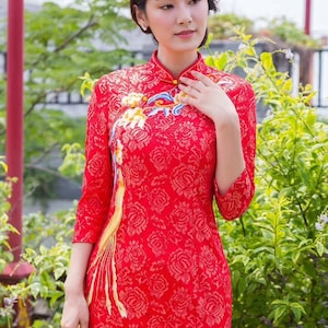 Wedding Chinese Women Red penelope phoenix cheongsam dress qipao
