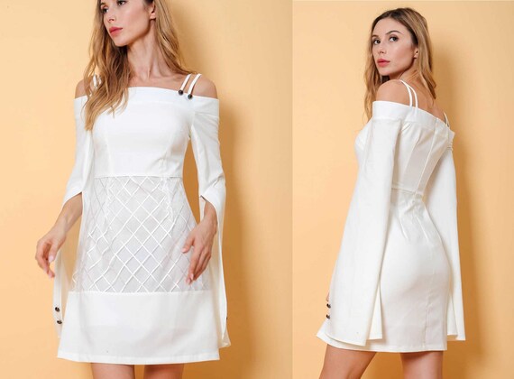 white off the shoulder shift dress OFF-SHOULDER LONG SHIFT DRESS IN WHITE
