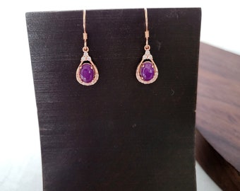 Natural sugilite earrings royal purple gel-like gem rose gold dangle earrings teardrop shape with crystal