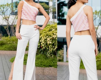 Petite to Regular Women Kayley white flare pants with open slits