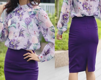 Petite to Regular Women Weiche bequeme flieder lila high-neck Rüschen Manschetten lange Ärmel Bluse