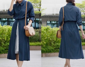 Petite to Regular Women Navy long sleeves collar dress shirt