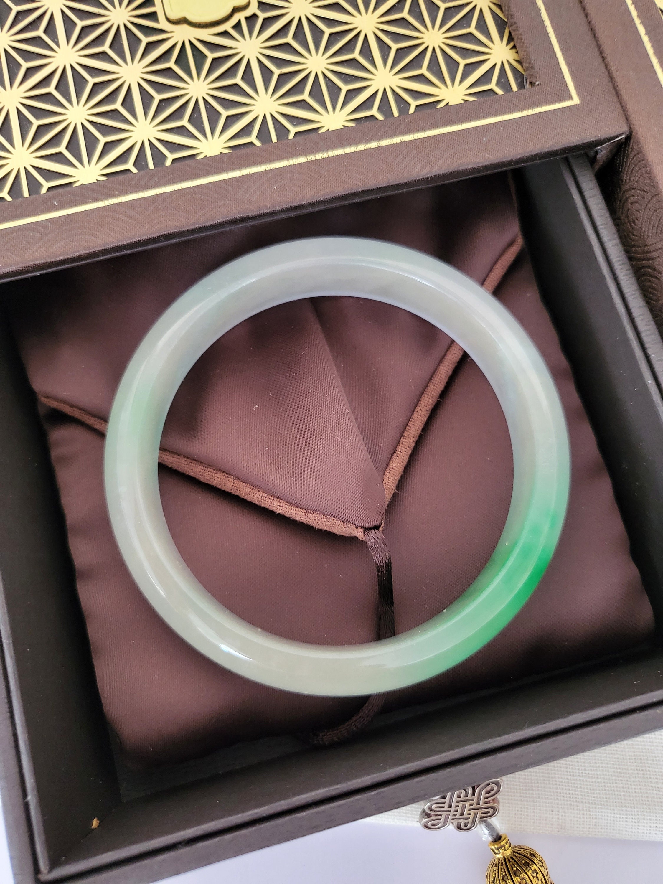 60.3mm translucent white light green jade wide bangle clearance