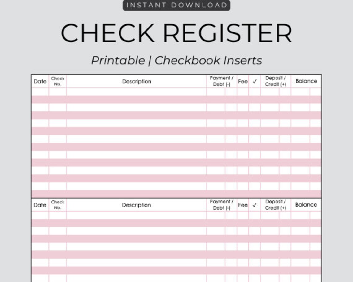 PRINTABLE PINK Check Register, Printable Register for Checkbook - Etsy