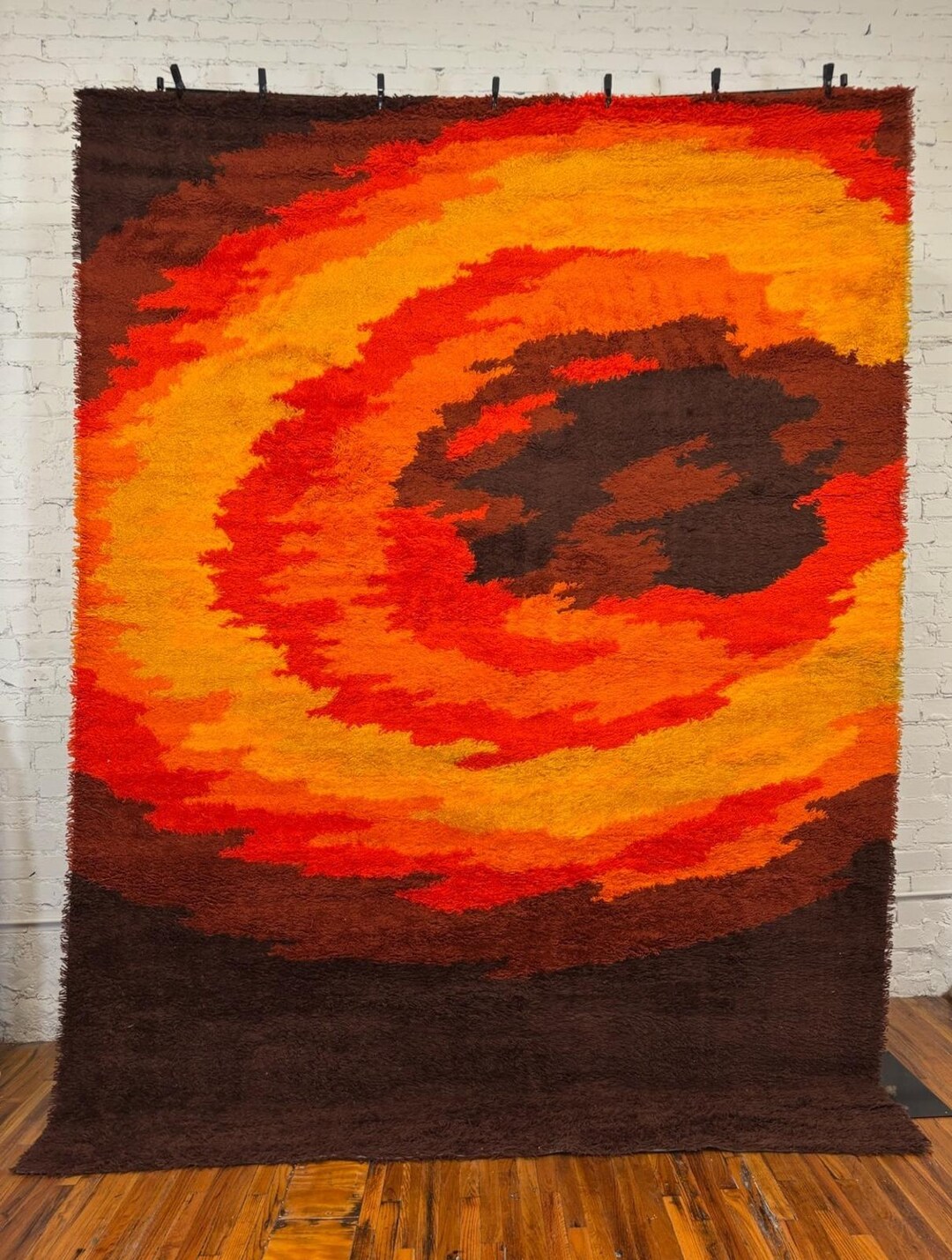 Sunset Rya Rug 70's THOR Brown Orange Yellow Sunset Contemporary UNUSED Rya Rug Mid ...