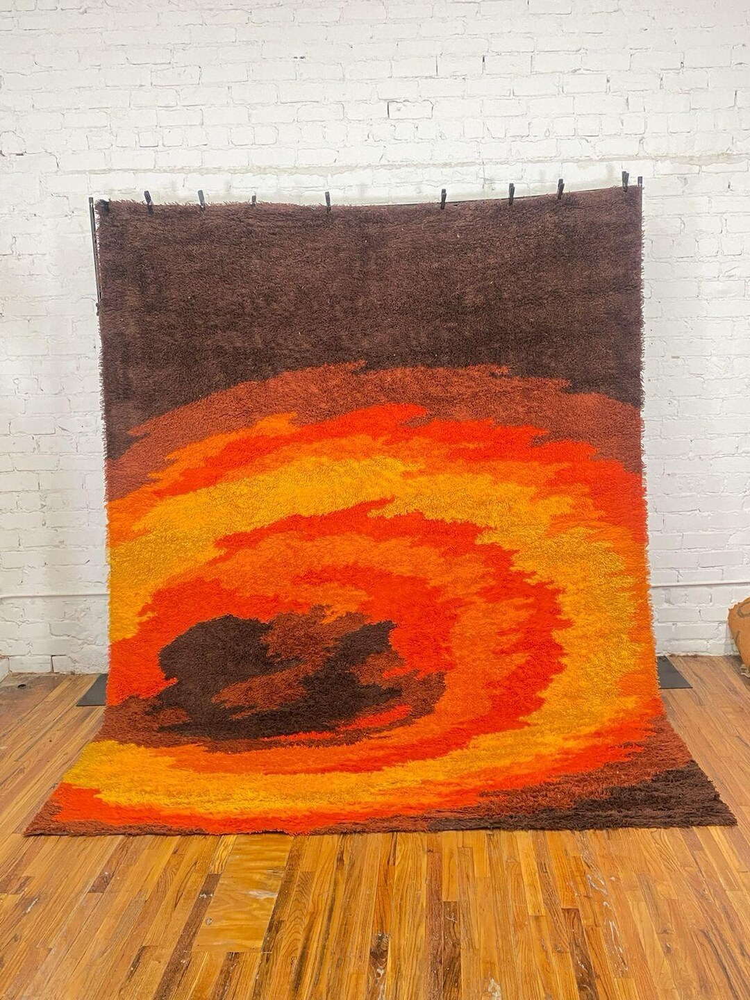 Sunset Rya Rug 60's 70s CARMEN Yellow Orange Sunset UNUSED Mid Century Wool Rya Rug ...
