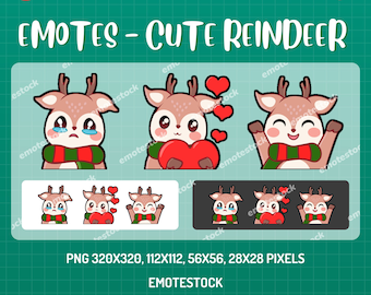 Emotes de renos para Twitch / Emotes kawaii para Twitch / Gráficos navideños para Twitch / Gráficos para streamers / Emotes de renos para streaming